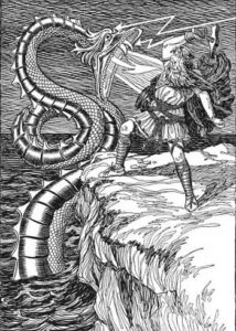 Thor mentre combatte contro il serpente Jormungandr 