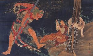 Un oni minaccia il monaco Kūkai mentre pratica il tantra. Dipinto di Hokusai (1760-1849).
